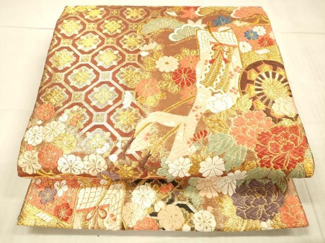 平和屋着物○佐賀錦 六通柄袋帯 唐織 御所車花松文 金糸 正絹 逸品
