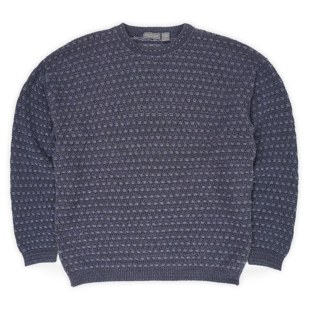 ヴァンヒューセン  VAN HEUSEN 90s 90年代 コットンニット クルーネック 総柄 MADE IN USA アメリカ製 ヴィンテージ ビンテージ オールド 古着 メンズ ニット セーター ネイビー系 L【中古】