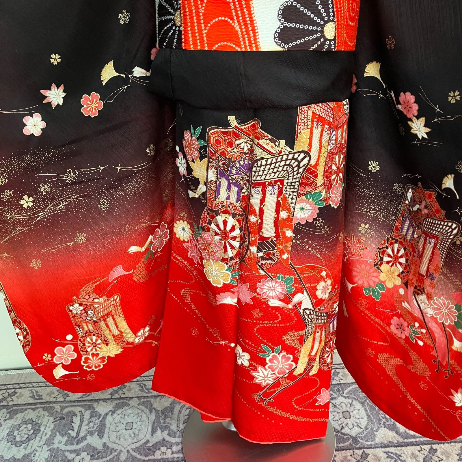 七五三 7歳女の子 着物 四つ身 茶褐色 半襦袢 作り帯セット 帯揚げ帯締め付き ビンテージ きもの猫田 T352