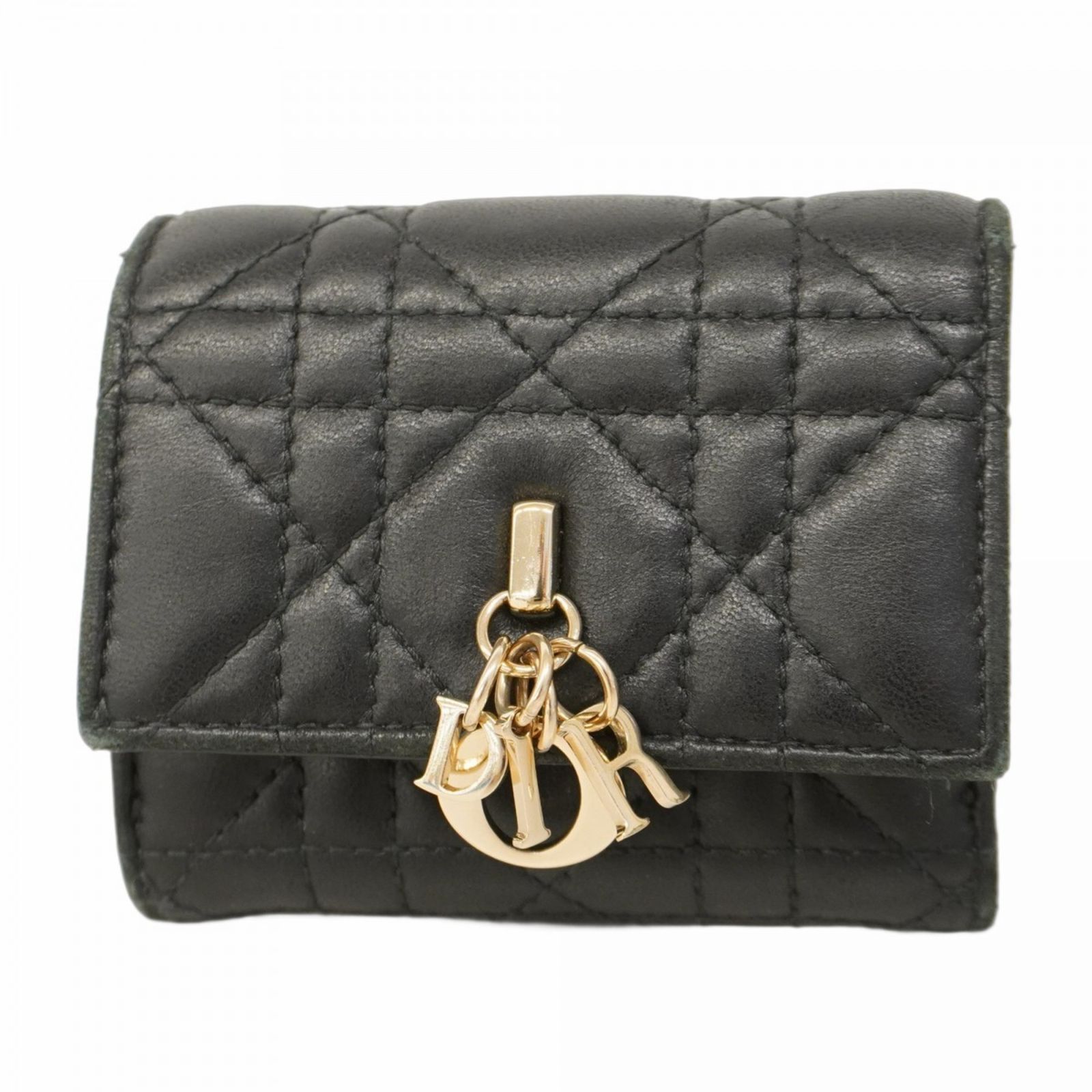 クリスチャンディオール 三つ折財布 ブラック カナージュ チャーム Christian Dior ディオール 財布 三つ折り Lady ロータス