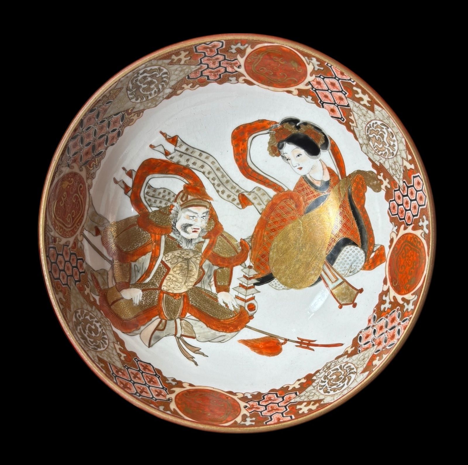 九谷製 楕田画 金彩 赤絵 鶴 武士 丸皿 鉢 取り皿 飾り皿 和食器