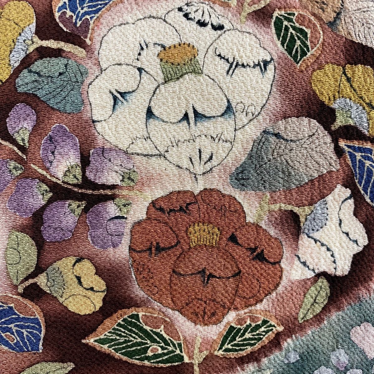 愛 名古屋帯 秀品 落款 草花 笹 縮緬 ぼかし 茶紫 正絹