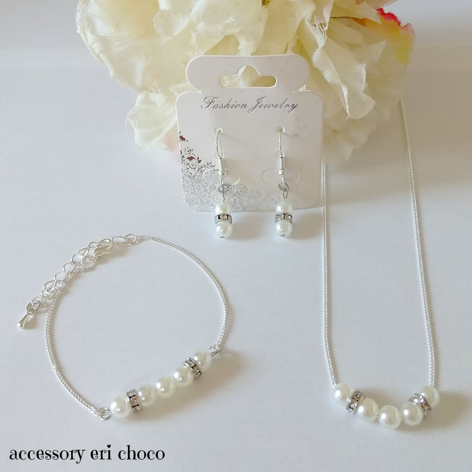 ▷3点セット♡パールの華奢なネックレス&ピアス&ブレスレット♡シルバー