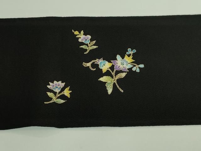 平和屋本店□極上 岡重謹製 OKAJIMA 九寸名古屋帯 更紗花文 黒地 金彩