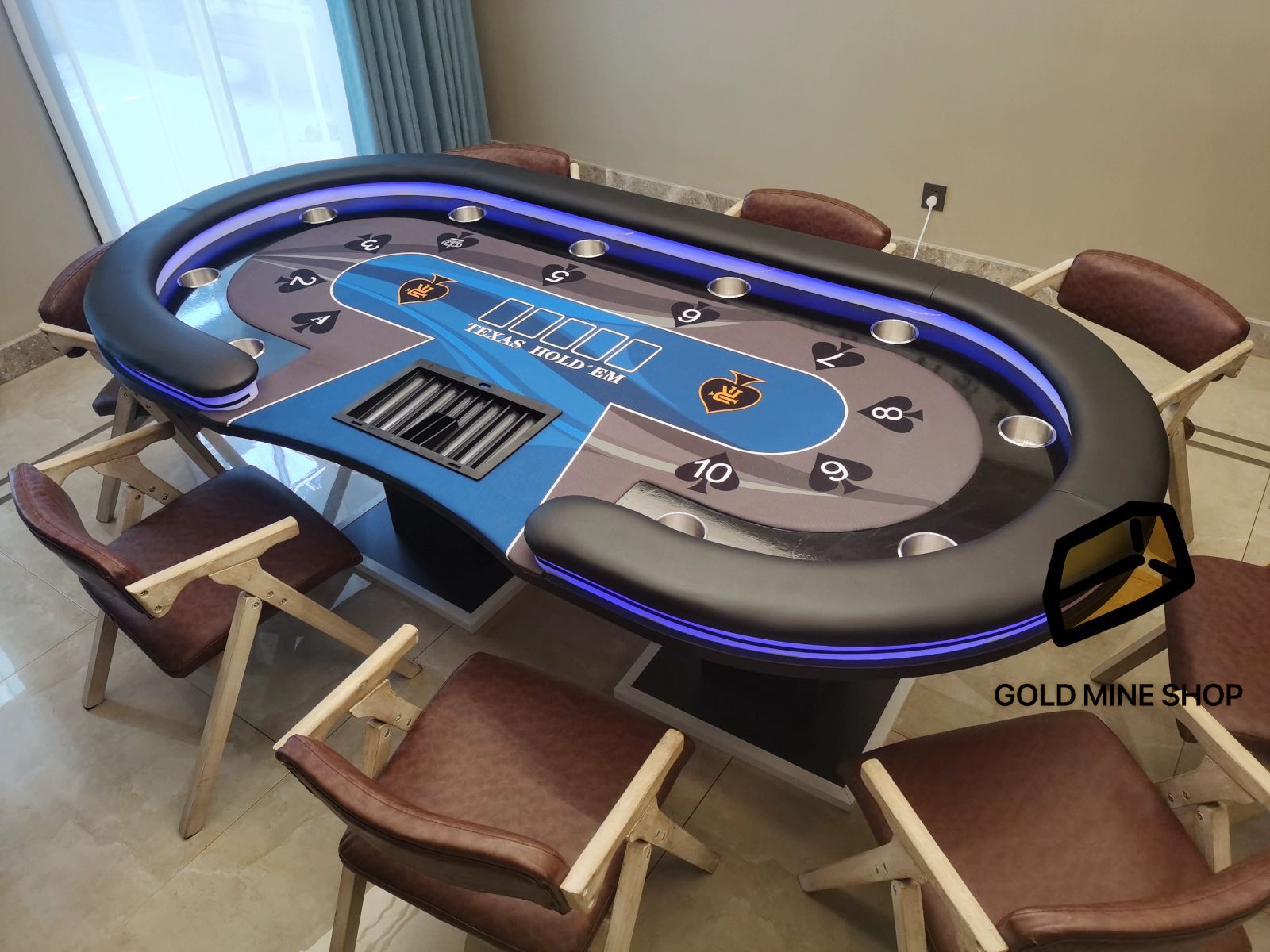 ポーカーテーブル トップ カップホルダー付き カジノ テキサスホールデム 10人 ホールデムサイコロ カジノ用品 240X120cm (Blue)