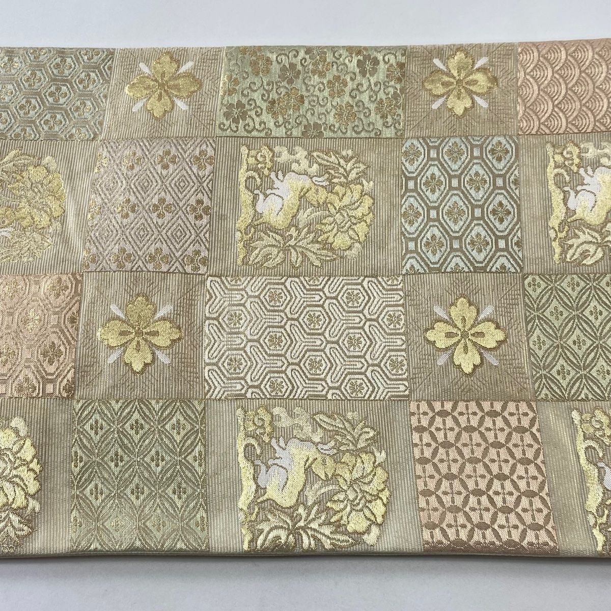 袋帯 名品 夏帯 絽 市松花うさぎ 金糸 箔 ベージュ 六通 正絹 【中古 