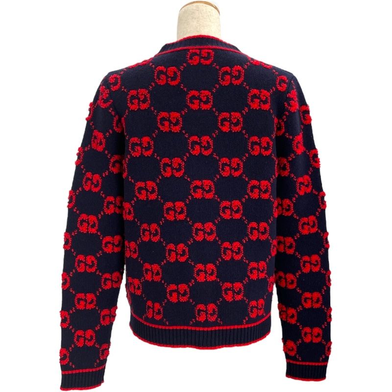 グッチ GUCCI GG総柄ノー ニットカーディガン 713300 ネイビー レッド ウール レディース カーディガン