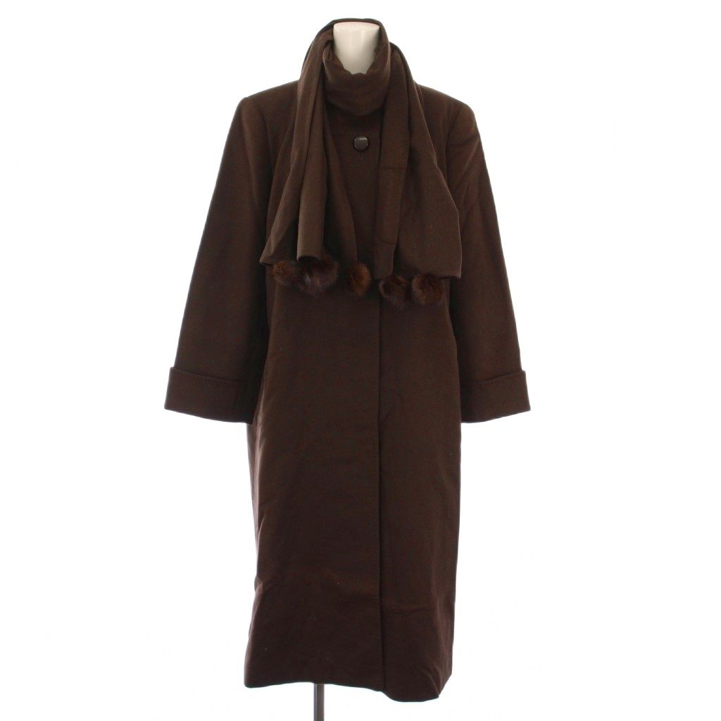 レリアン Leilian スタンド コート アウター ロング丈 マフラー付き カシミヤ ウール混 ミンクファー 9 茶 ブラウン BB