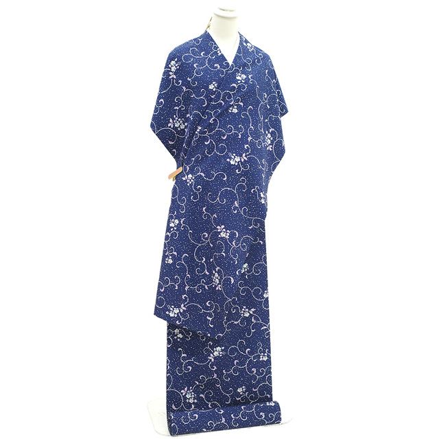 新古品】 東レ シルック 小紋 着物 着尺 反物 紺 ネイビー 花唐草