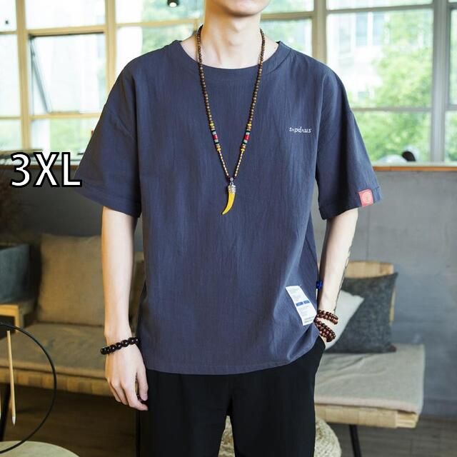 [3XL]メンズ ファッション 服  オシャレ シンプル 大人 かっこいい 大きいサイズ ストリート 紳士服 ヒップホップ HipHop 綿麻 T シャツ 半袖 リネン トップス 夏 五分袖
