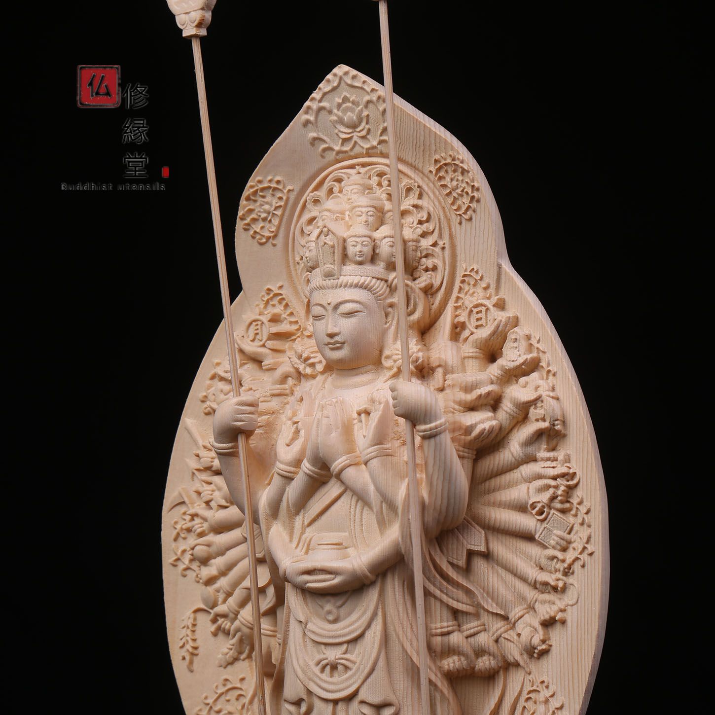 修縁堂】大迫力 木彫り 仏像 千手観音菩薩立像 彫刻 一刀彫 天然木檜材