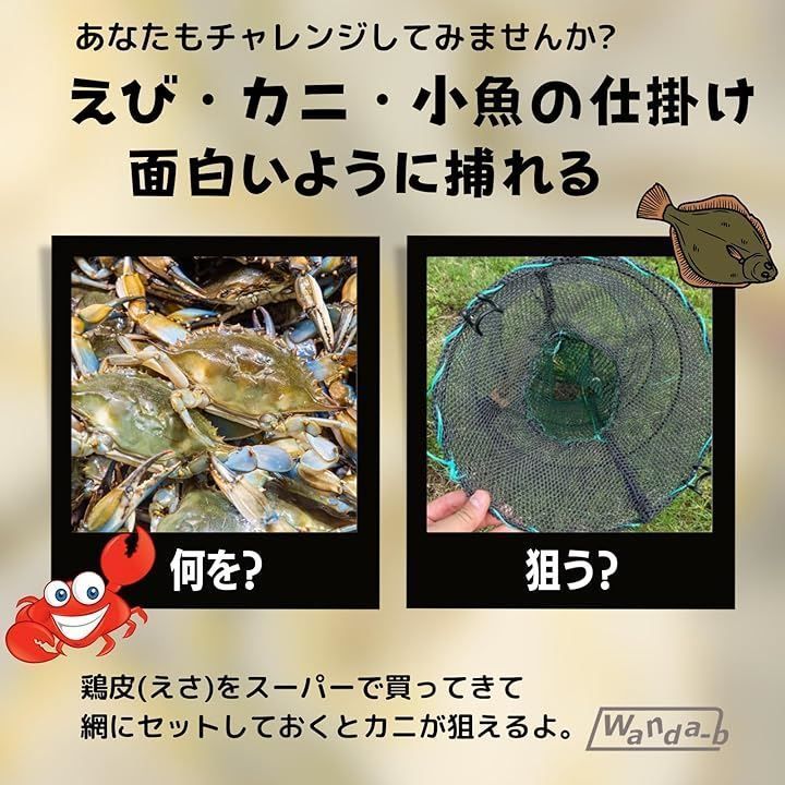 Wanda-b カニ捕り名人捕獲あみ 網 仕掛け 罠 えび 海老 蟹 エビ かに 魚 ザリガニ 漁具 魚捕り網 魚網 折り畳み式( グリーン, 普通)  メルカリ