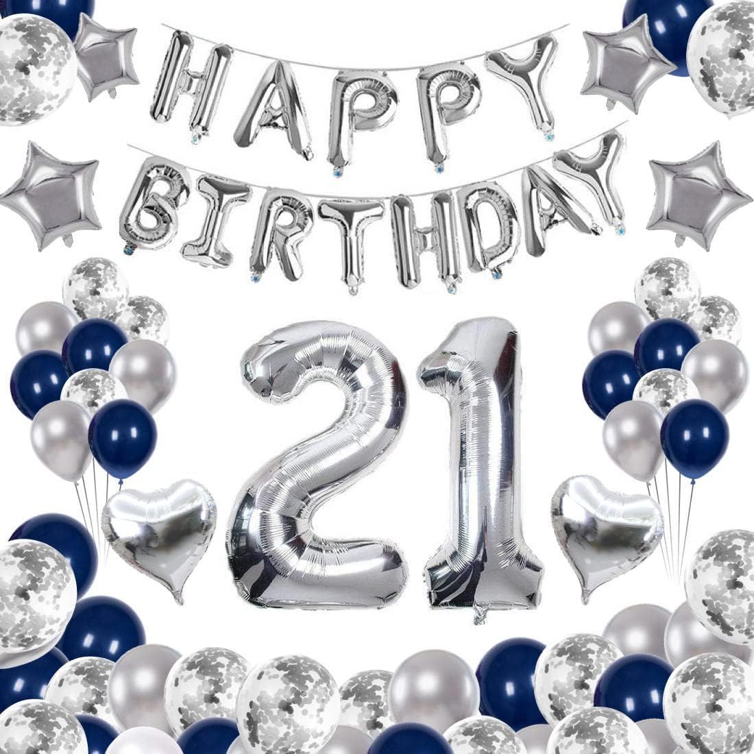 特別 >21歳< 64枚 21歳 誕生日 飾り付け 風船セット 数字バルーン 組み合わせ HAPPY BIRTHDAY ランド ハート風船 紙吹雪風船 ドットシール 装飾 パーティー お祝い サプライズ シルバー＆ブラック 男の子 女の子