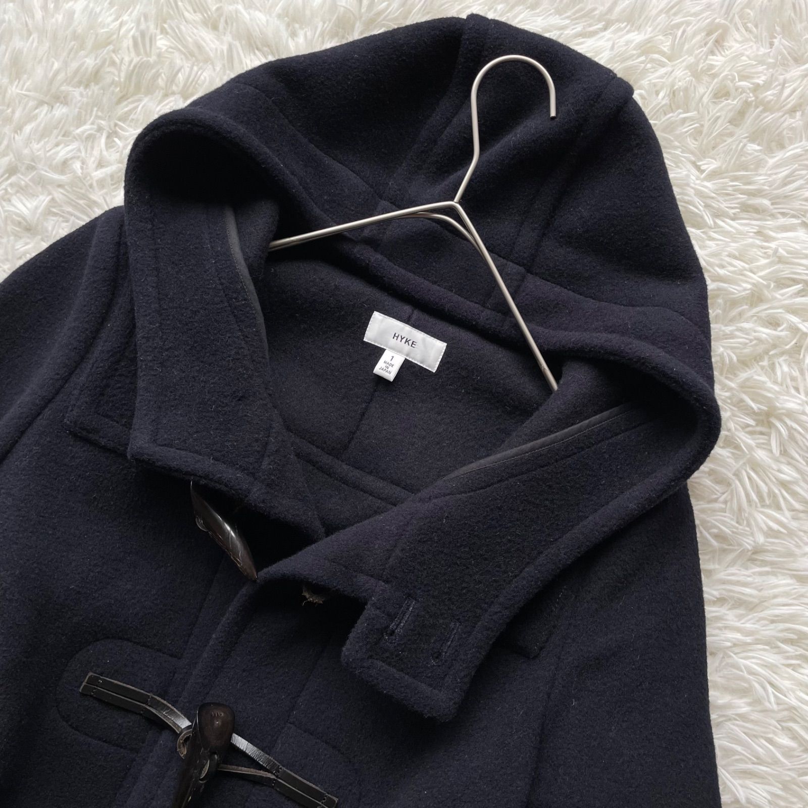 HYKE ハイク メルトンダッフルコート ロング フード ロゴボタン 1 紺