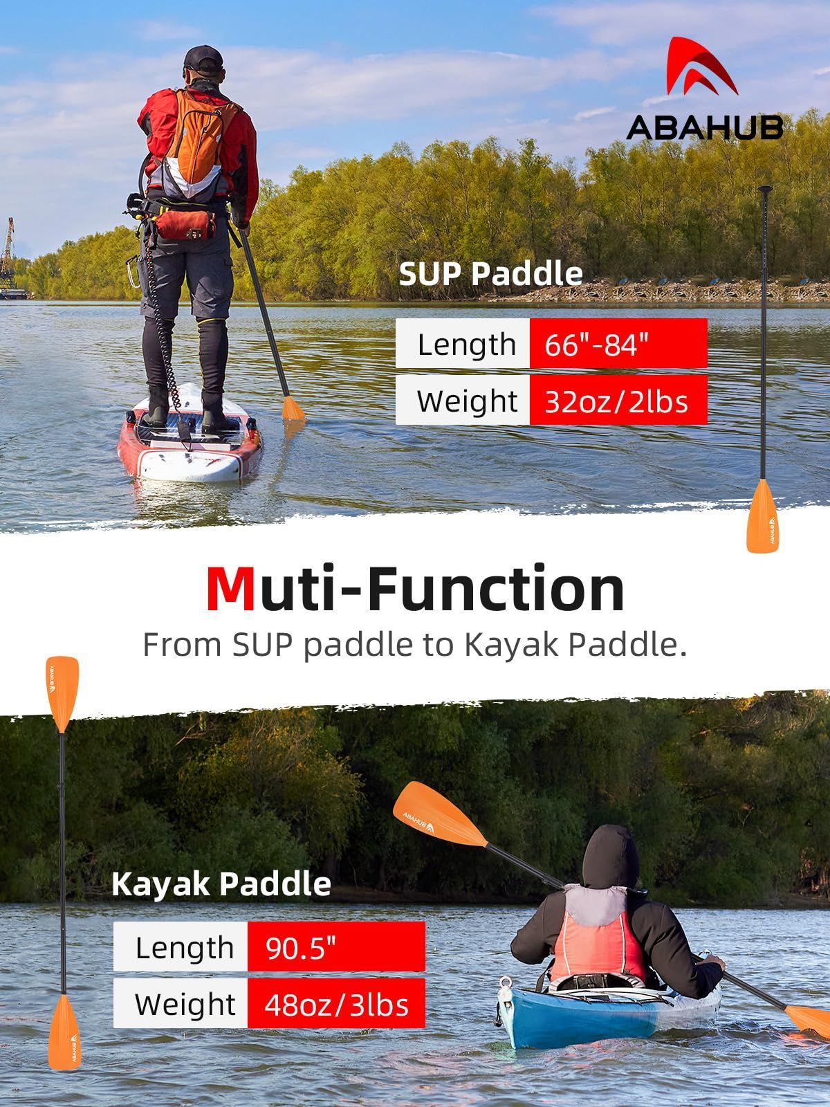 Abahub SUP パドル - 3ピース 調節可能なスタンドアップパドル