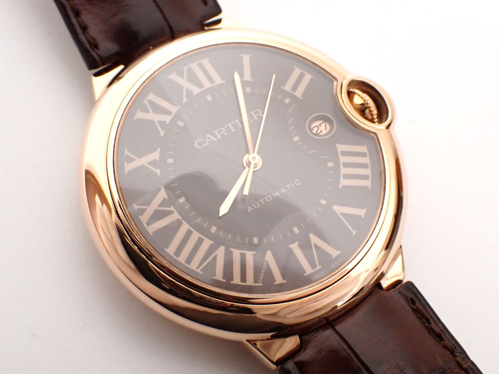 Cartier(カルティエ)自動巻き ウォッチ バロンブルーLM W6920037 腕時計 K18PG/革 ピンクゴールド レザー AT ブラウン文字盤