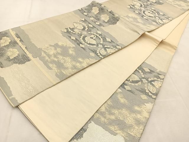 平和屋着物◎六通柄袋帯 横段更紗花鳥文 銀糸 正絹 逸品