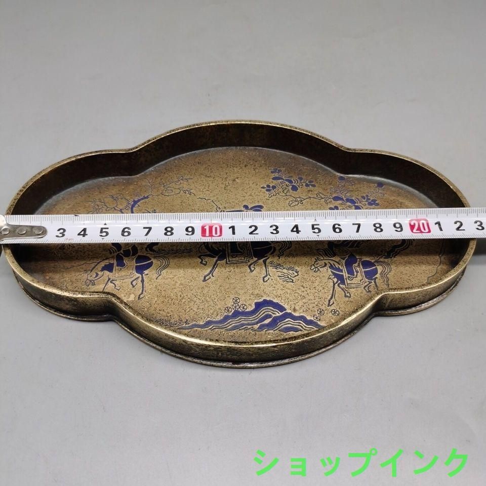 銅 細工 中国茶器 樹紋狩猟図 銅盤 果盤 茶盤銅 茶道具 置物