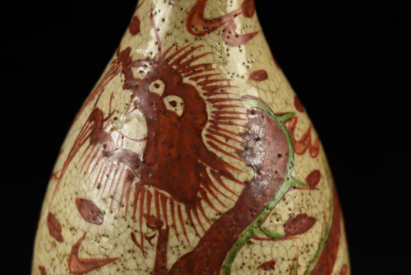 蔵C9591c】九谷 赤絵龍文 大徳利 酒器 一対