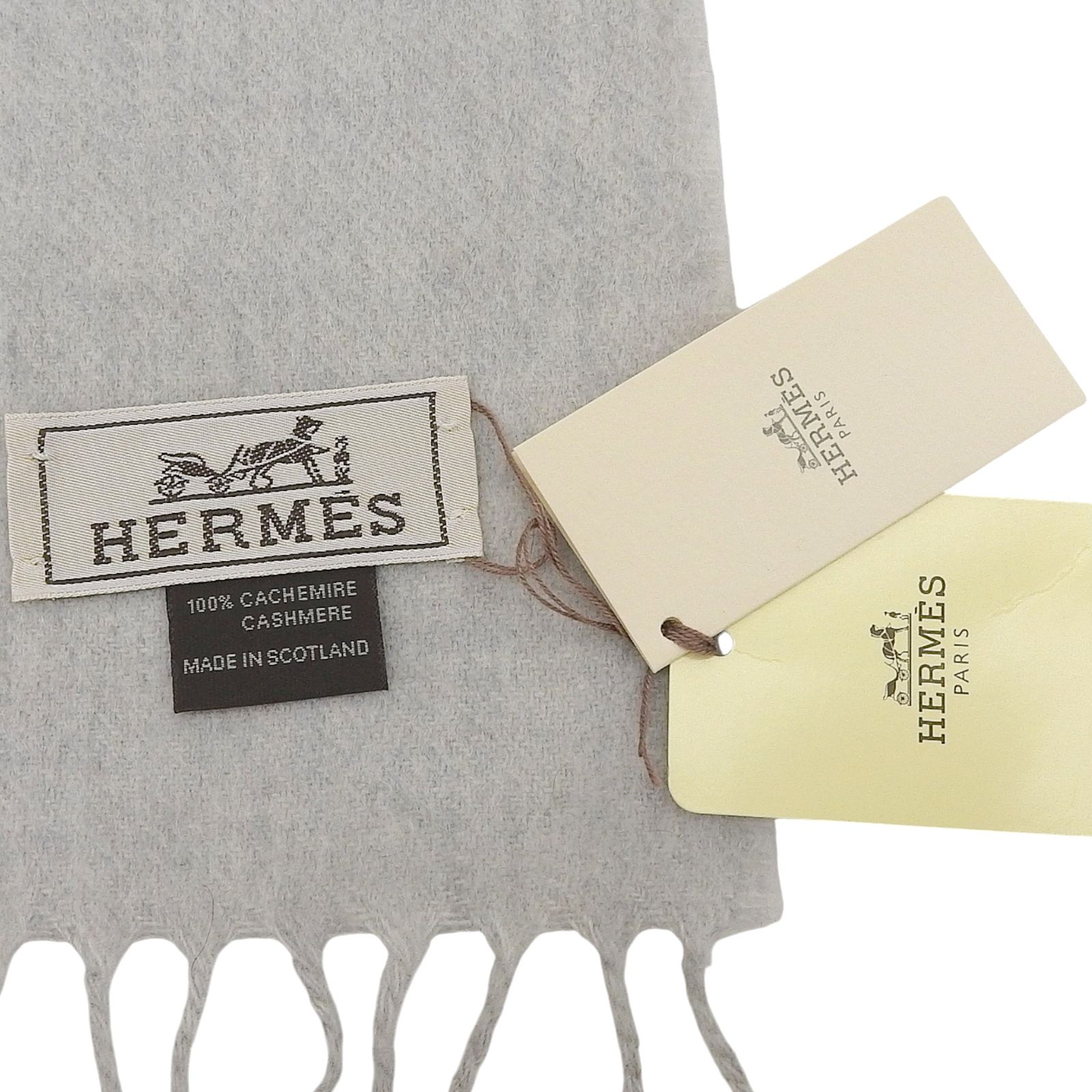 未使用品△HERMES エルメス カシミヤ100％ ロゴ刺繍 フリンジ付き  