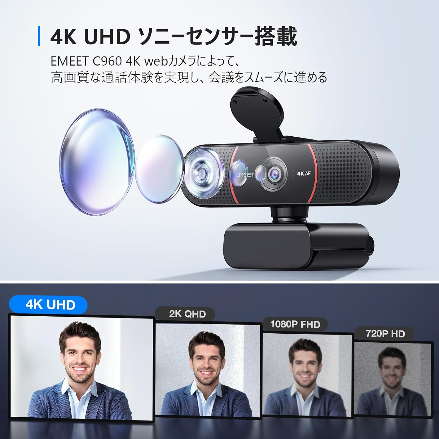 【夏セール価格&フォロー割| 2年保証 | 正規販売店 】 EMEET  4K Webカメラ 800万画質 広角 Sonyセンサー搭載 オートーフォーカス AIノイズキャンセリング デュアルマイク内蔵 自動光補正 会議用 Web配信 ウェブカメラ イミート