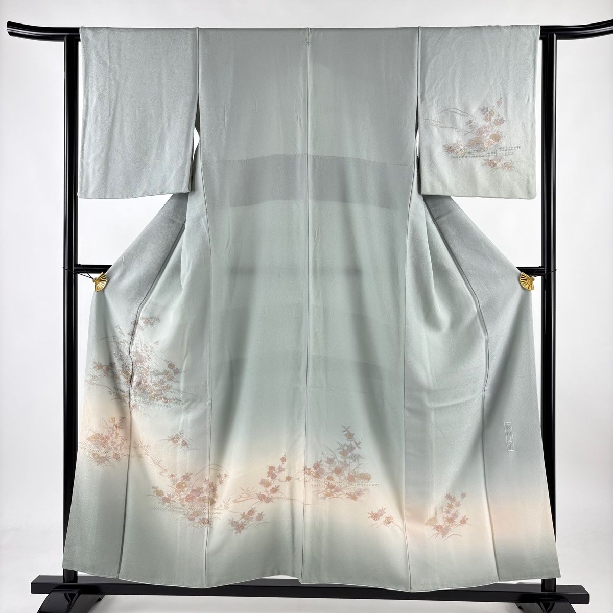 訪問着 身丈156cm 裄丈62.5cm S 袷 草花 霞 蘇州刺繍 ぼかし 薄緑 正絹 秀品 一つ紋