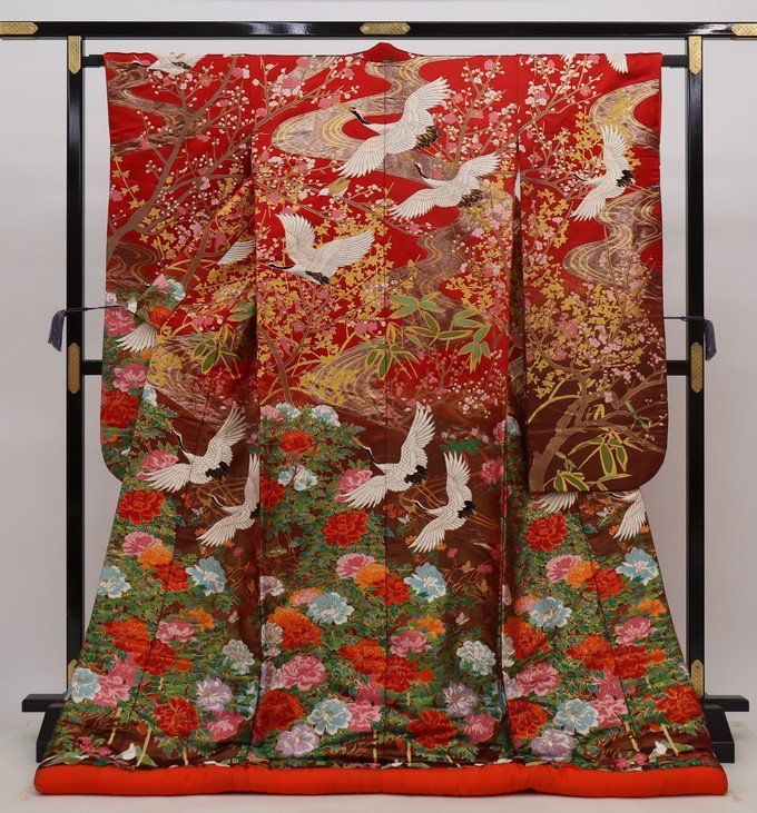 4k2096 色打掛　袷　花嫁衣装　刺繍　鶴　青　金色　銀色　白　赤　花柄 4k2096 色打掛 袷 花嫁衣装 刺繍 鶴 青 金色 銀色 白 赤 花柄