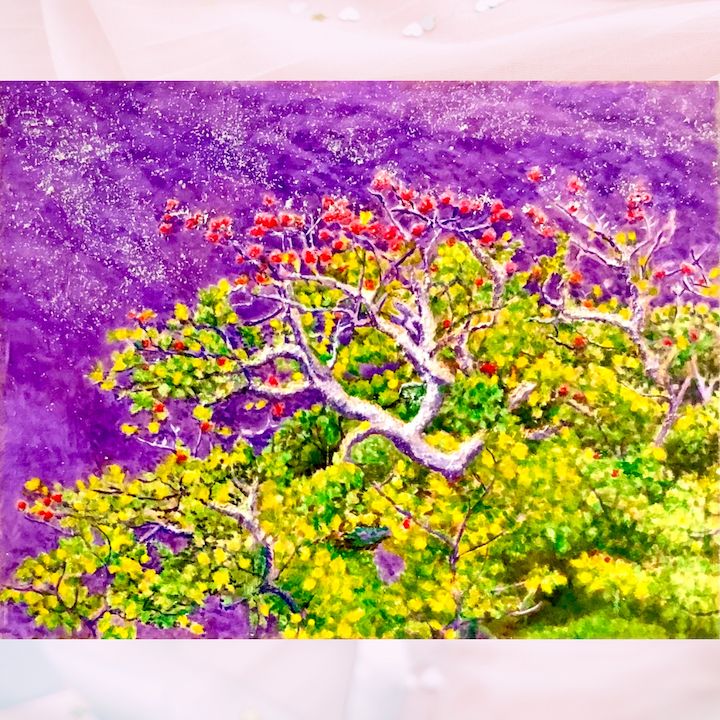 風景画/花の風景「デイゴの紅い花」油彩画/F6/額付き 福家佳則