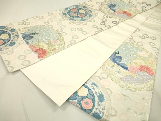 平和屋着物▽六通柄袋帯 唐織 孔雀花絵皿文 金銀糸 正絹 逸品
