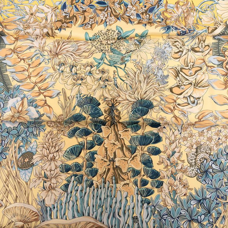 エルメス カレ90 L Ile Deserte 無人島 イエロー ブルー マルチ シルク レディース HERMES 1-0237907