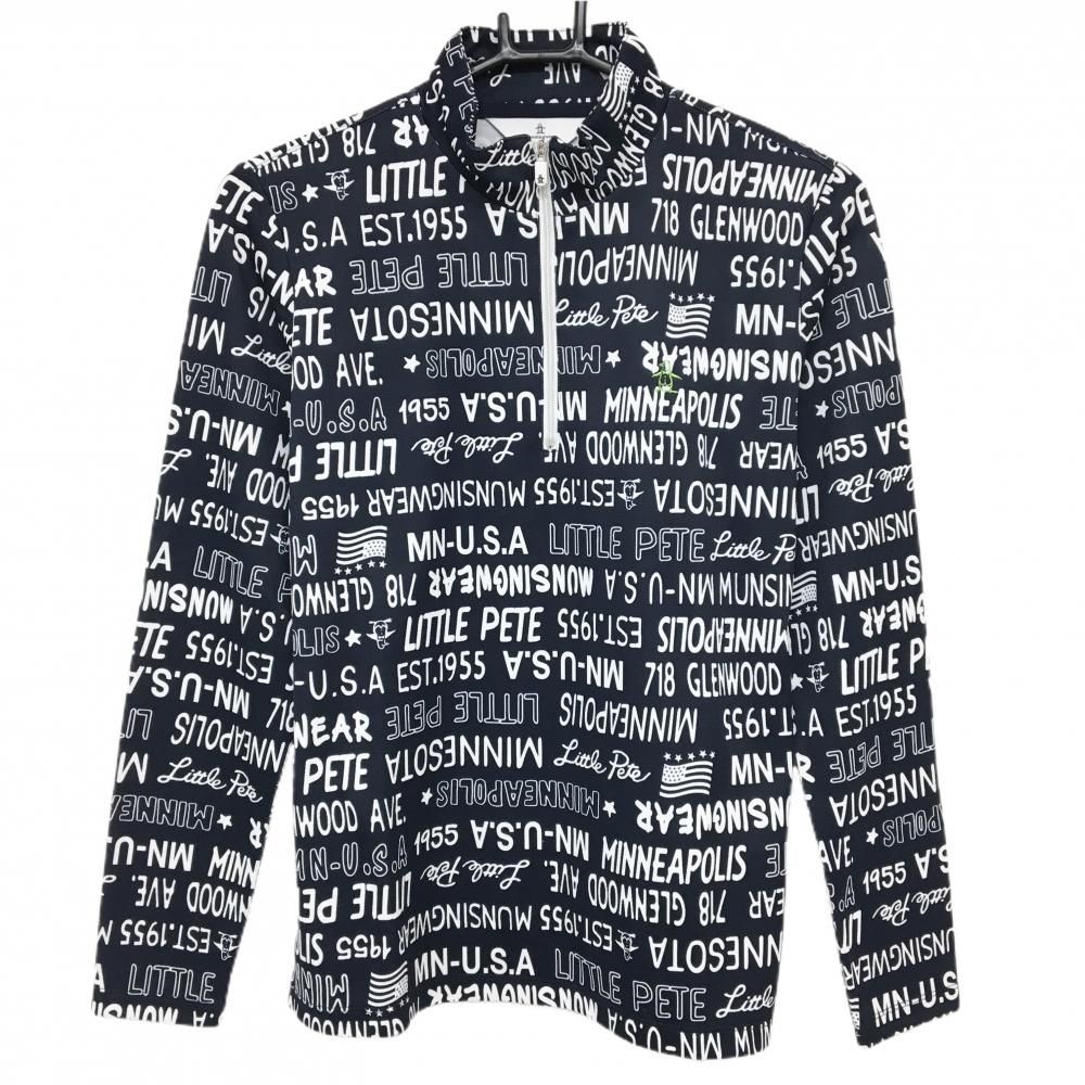 SALE価格【新品】マンシングウェア 長袖ハイネックシャツ ネイビー×白 ロゴ総柄 ハーフジップ レディース M ゴルフウェア Munsingwear