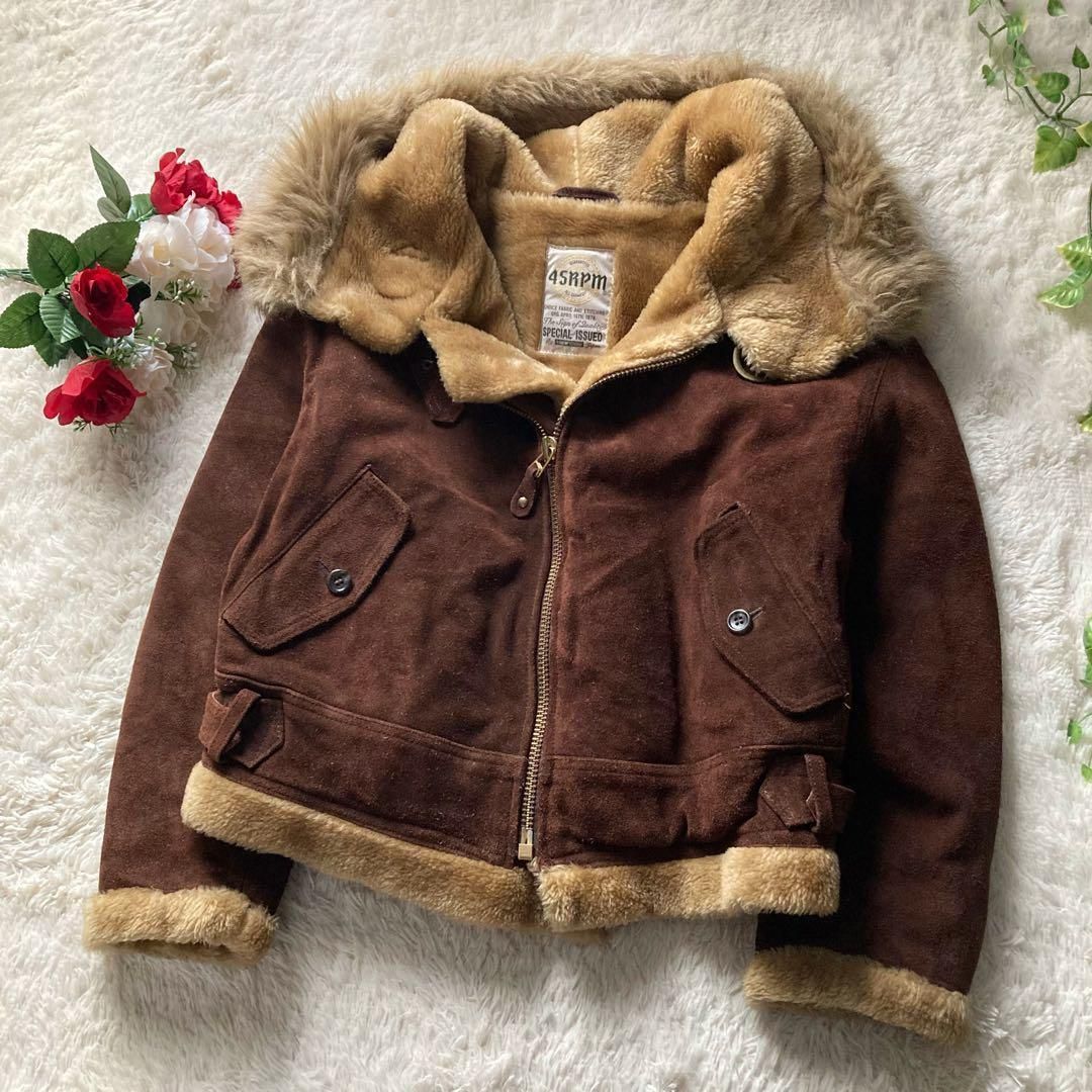 45RPM 本革 牛革 中綿ムートンジャケット フード付き ブラウン 日本製 45R ザージャケット ブルゾン スウェード ボア レディース