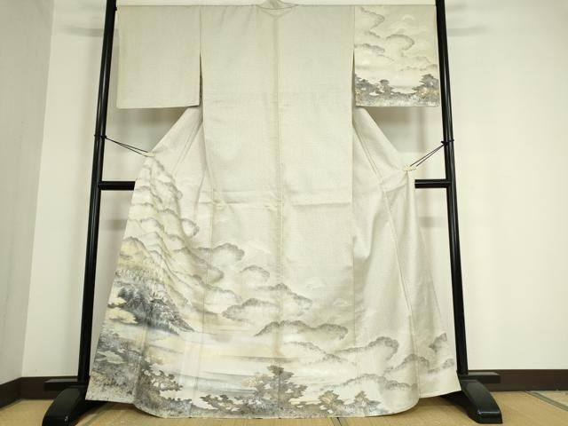 着物リメイク 訪問着 紬地 手描き 草花文 金銀彩 正絹から作務衣