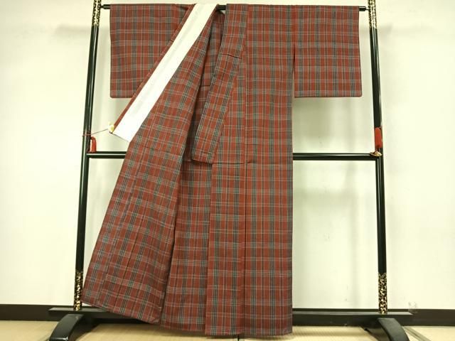 平和屋着物▽上質な紬 単衣 格子 正絹 逸品 AABA7701fy