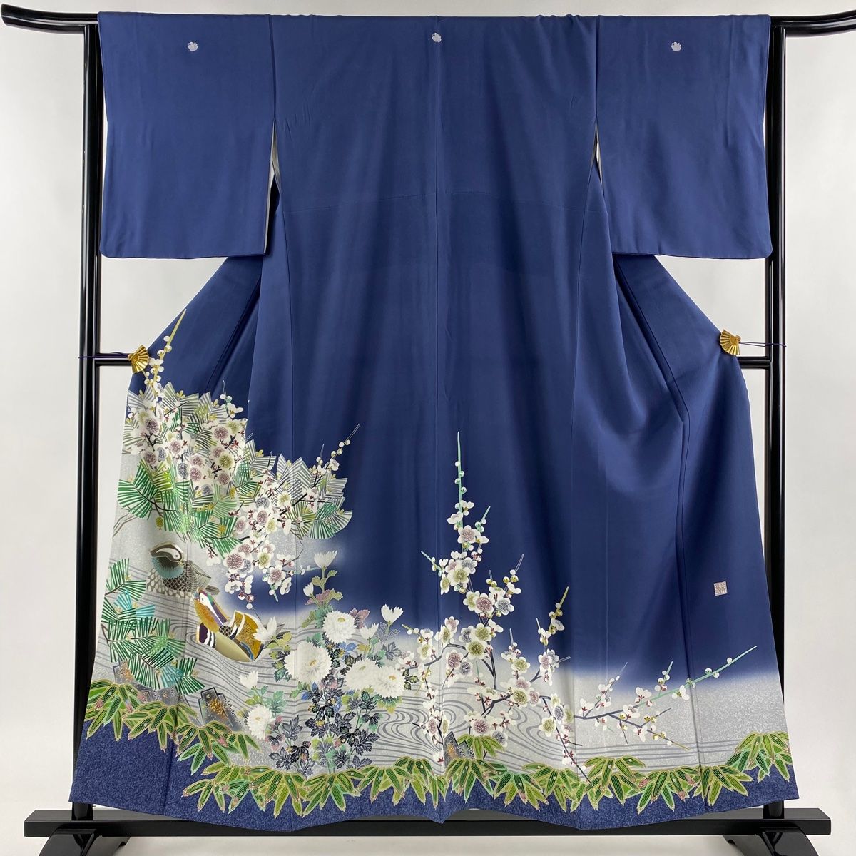 色留袖 身丈156cm 裄丈64.5cm M 袷 人間国宝 羽田登喜男 落款 鴛鴦 松竹梅 金銀彩 ぼかし 青紫 正絹 五つ紋