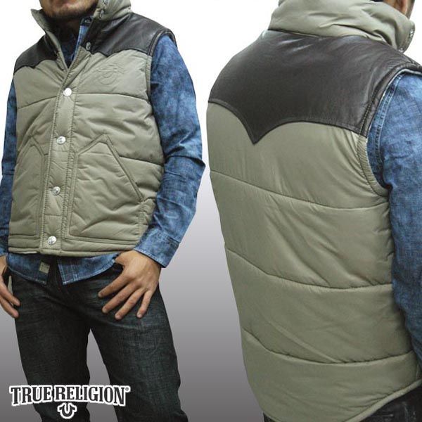 トゥルーレリジョン メンズ TRUE RELIGION レザー ベスト PUFFER VEST カーキ W| LEATHER VEST YOKE アウター セレブ 愛用 ブランド ファッション アメカジ インポート カジュアル ヴィンテージ スタイル 正規