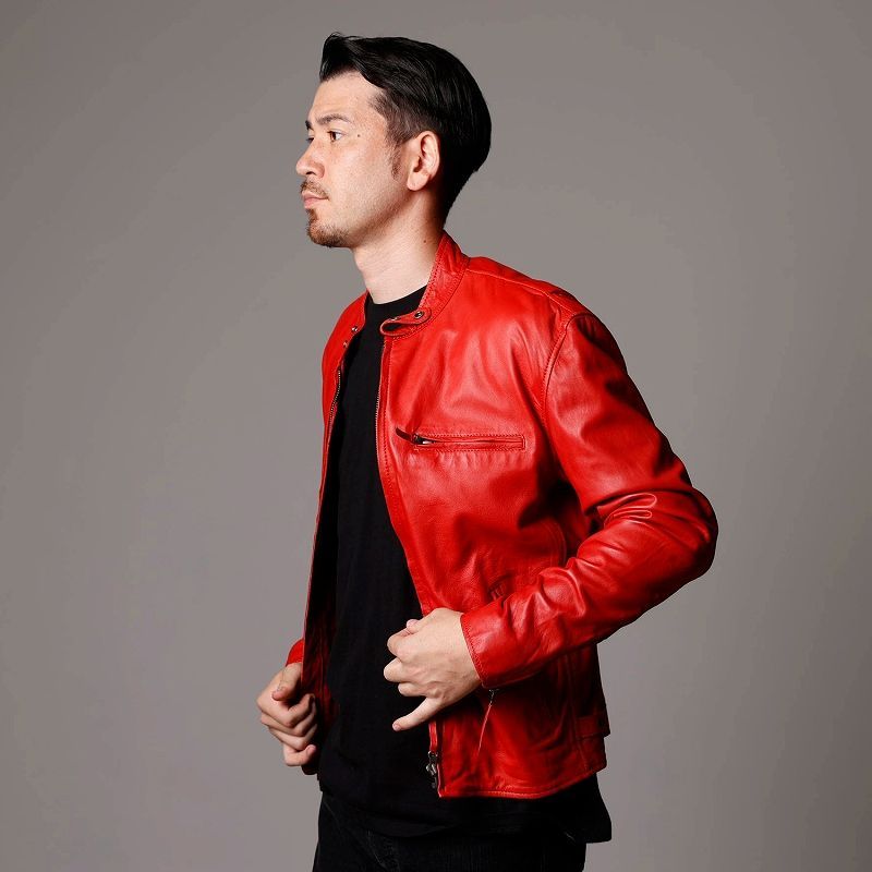 レザージャケット メンズ 本革 赤 レッド シングルライダース