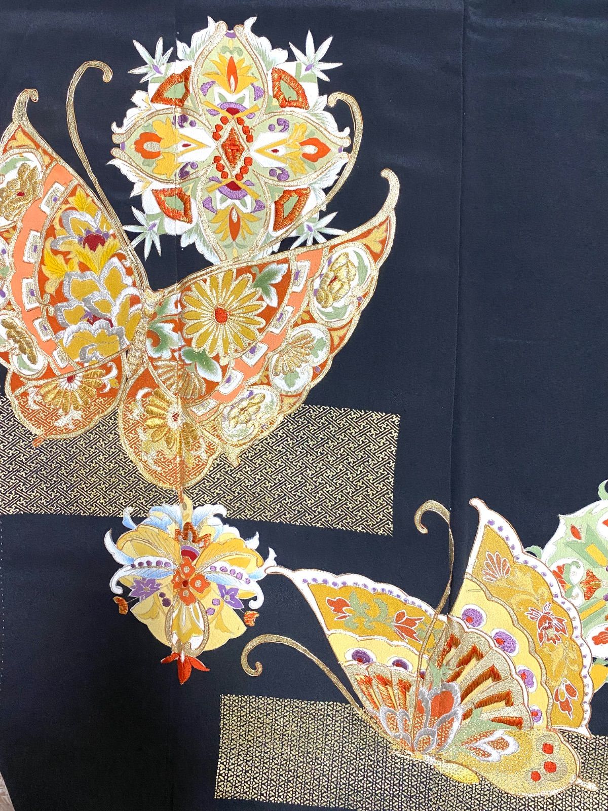 大人可愛いセレブ着物スカートフリーサイズ1点物黒留袖着物リメイクウエストゴムロングスカートフリーサイズ送料込みハンドメイドNO.5768