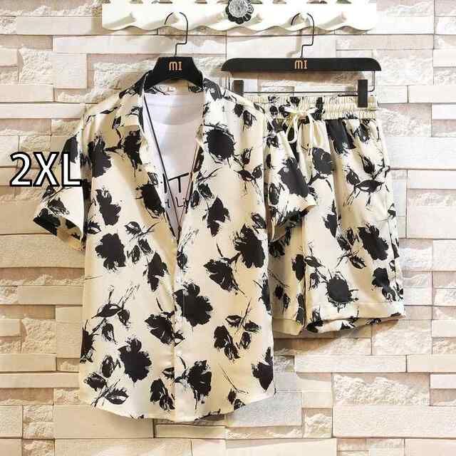 [2XL]メンズ ファッション 服 男性用 オシャレ シンプル 大人 かっこいい 大きいサイズ ストリート 紳士服 半袖 花柄 シャツ ショート パンツ アメリカ 夏服 セット 自由 マッチ セット