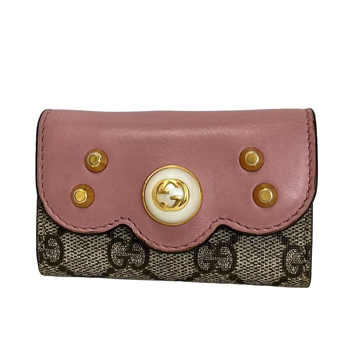 GUCCI グッチ キーケース GGプラス GGスプリーム ピオニー 431479 グレーベージュ×ピンク 6連フック|パール|スタッズ レザー