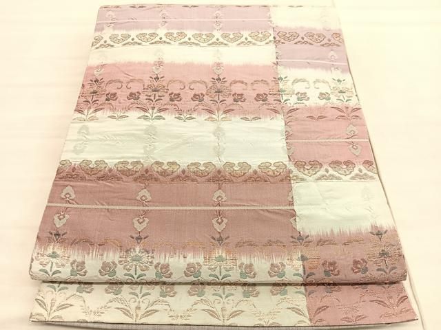 ばぁばパン R7SK1179 袋帯 ふくれ織 唐草 全通柄 グレージュ 平和屋着物◎全通柄袋帯 ふくれ織 横段花唐草文 金糸 正絹 逸品