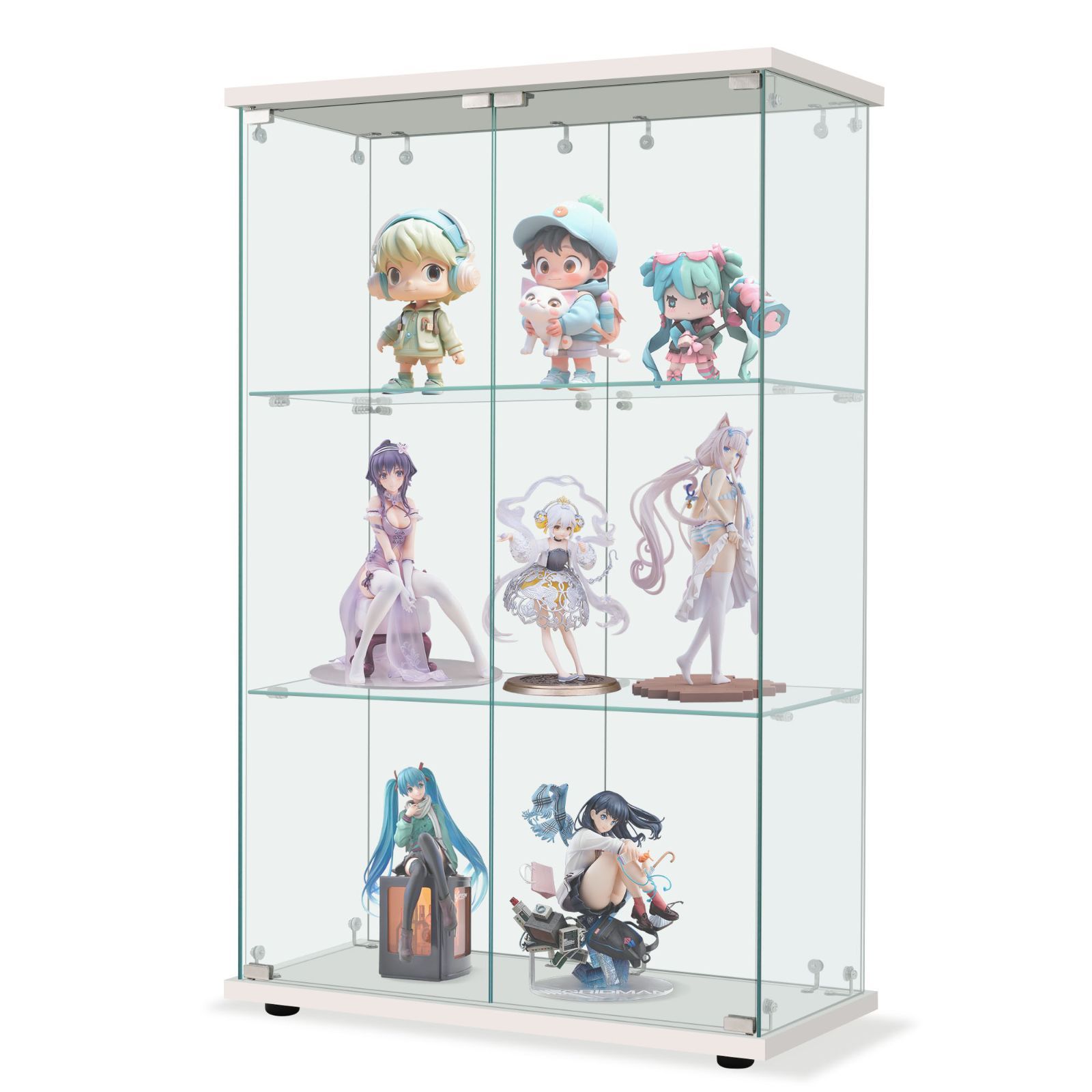 両扉ガラスキャビネット｜大型3段｜ホワイト｜強化ガラス｜幅80.5×奥行36.5×高さ125.5cm｜N515P280255W