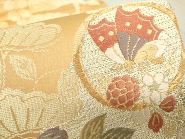 平和屋着物▽六通柄袋帯 唐織 吉祥花蝶丸文 金糸 正絹 逸品