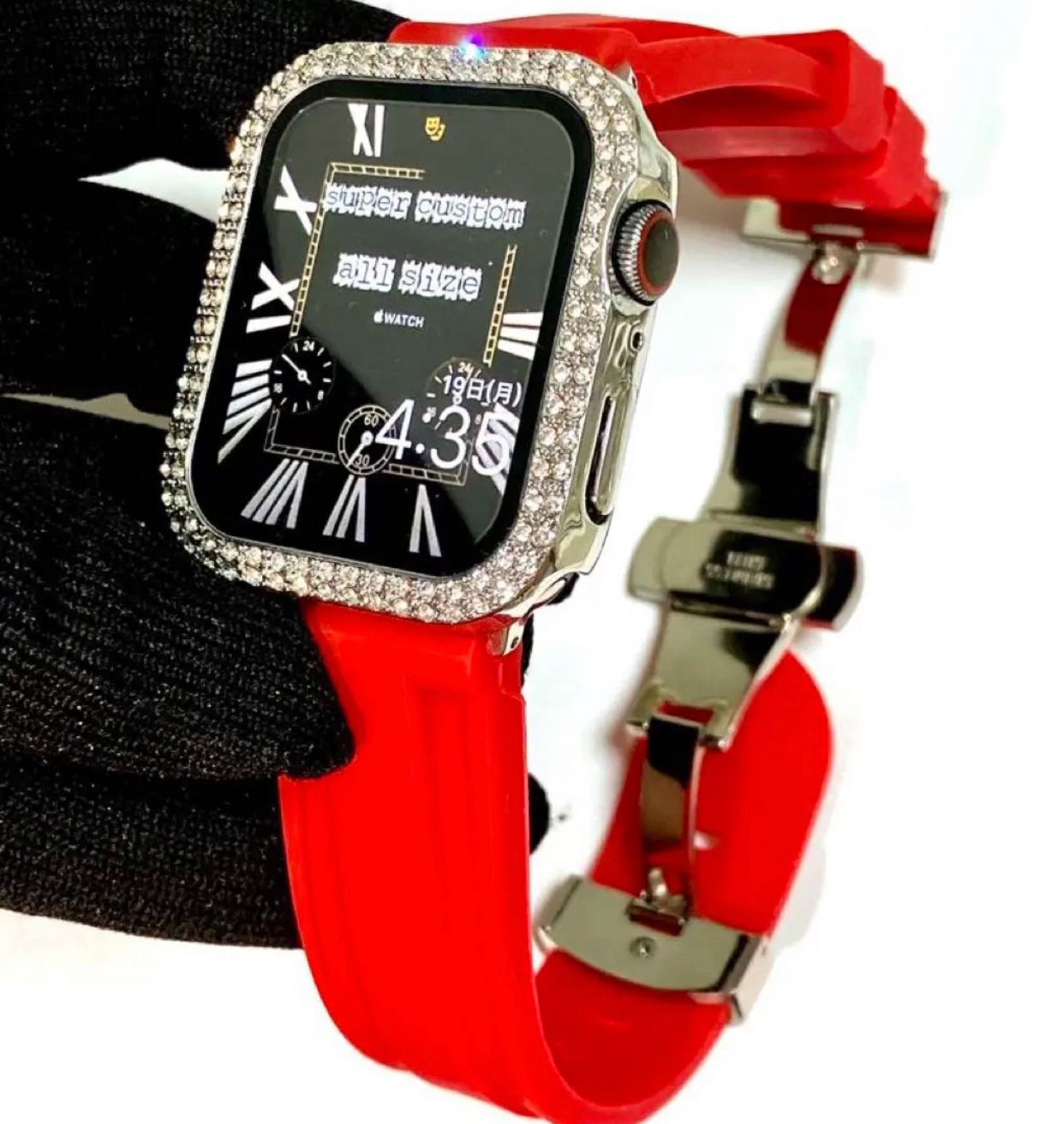 銀×赤アップルウォッチキラキラカバーケースAppleWatchラバーバンド 
