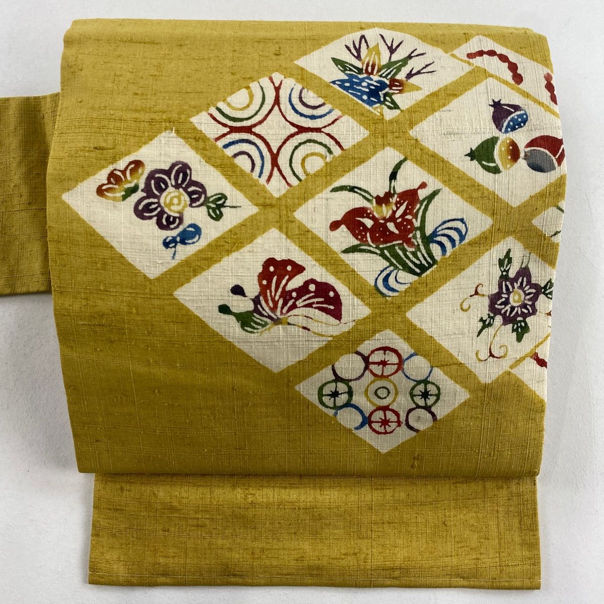 名古屋帯 美品 名品 落款 下平清人 紬地 草花 生り物 からし色