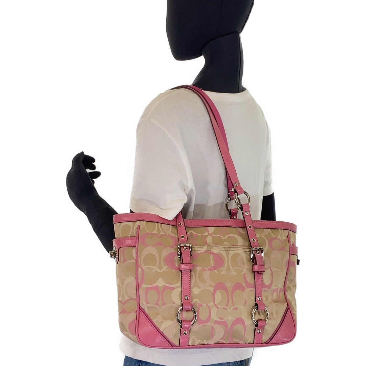 COACH コーチ シグネチャー ピンク ベージュ シルバー金具