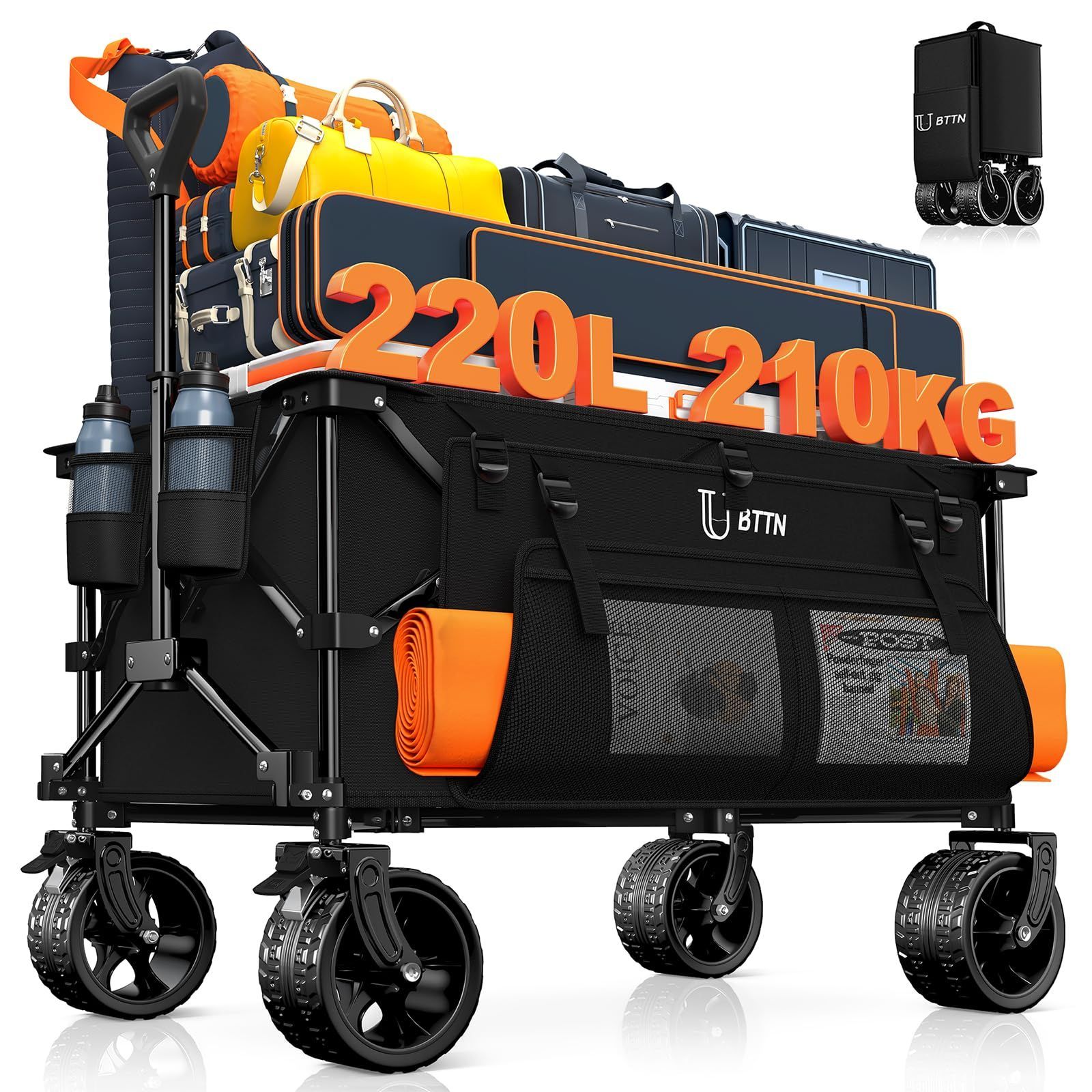 220L大容量 210kg耐荷重 ブレーキ付き超ワイドタイヤ 安定走行 キャリーワゴン ワンタッチ折りたたみ 自立収納 BTTN アウトドア キャンプ 運動会 買い物対応