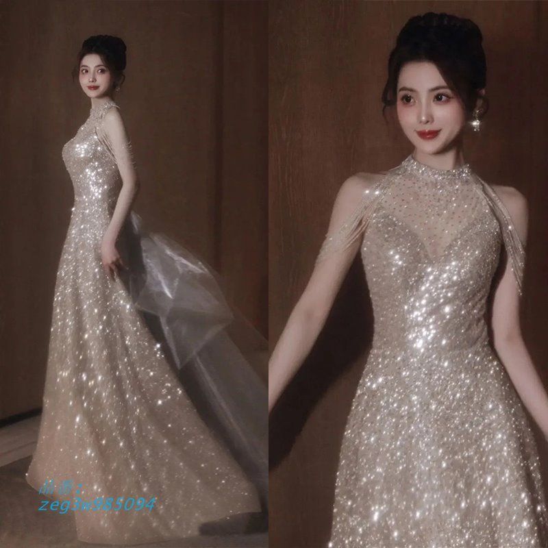 ドレス シャンパンゴールド ホルターネック スパンパーティードレス ロングドレス 結婚式 花嫁 ウェディングドレス 演奏会 発表会 二次会 ビーズ zeg3w985094