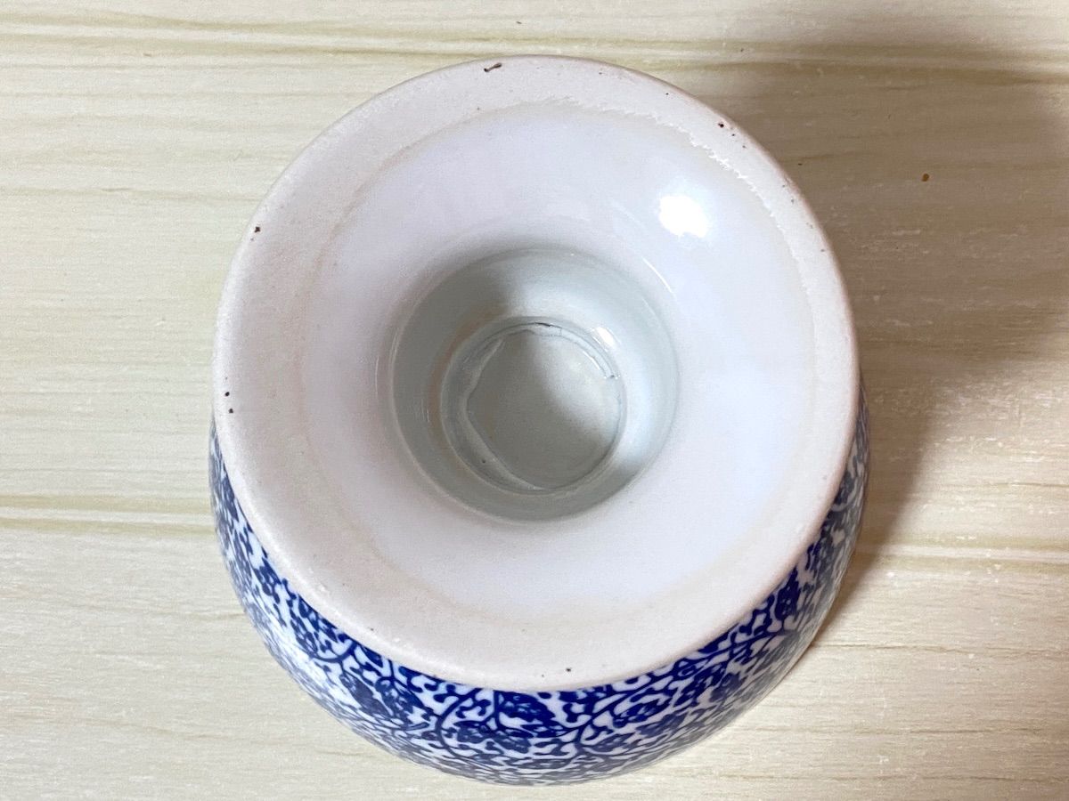 F074S】陶器 唐草紋様染付 高台鉢 胴径約15cm 高さ約12cm 重さ約