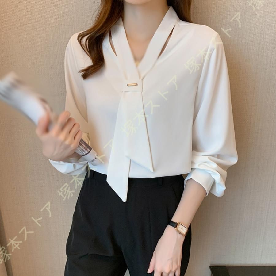 シフォンシャツ リボン付きシャツ ブラウス 長袖シャツ レディース Vネック 無地 お洒落 シフォンブラウス 上着 トップス 通勤 OL フォーマル オフィス kkkiqz